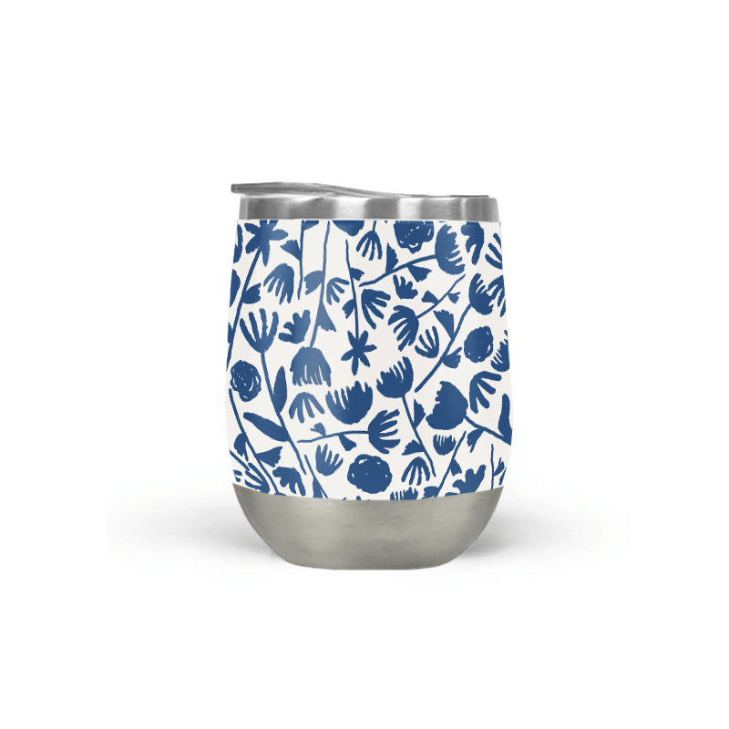 Dark Blue Floral Pattern Stemless Wine Tumbler