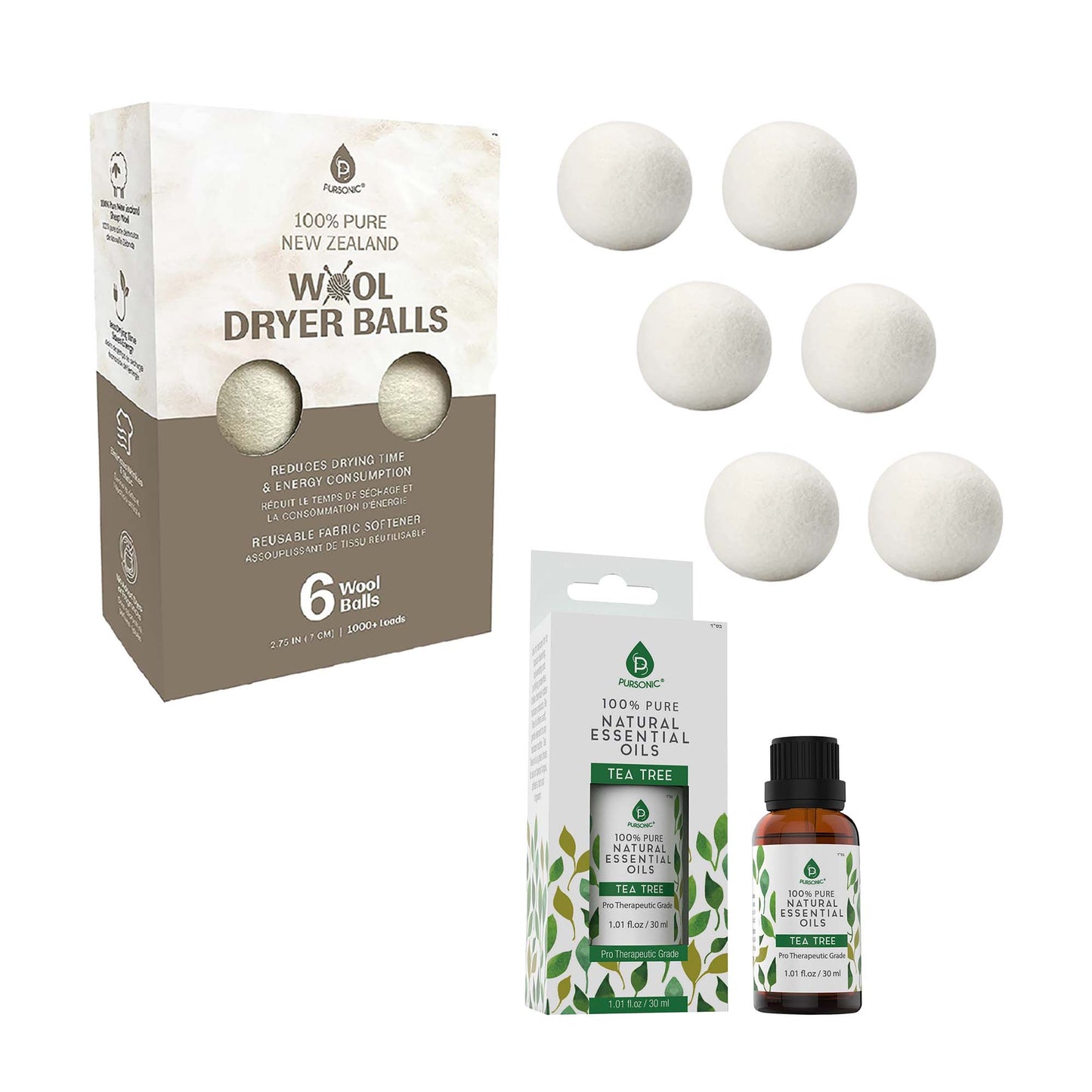 Pursonic Wäschepflege-Set – Woll-Trocknerbälle & ätherische Öle