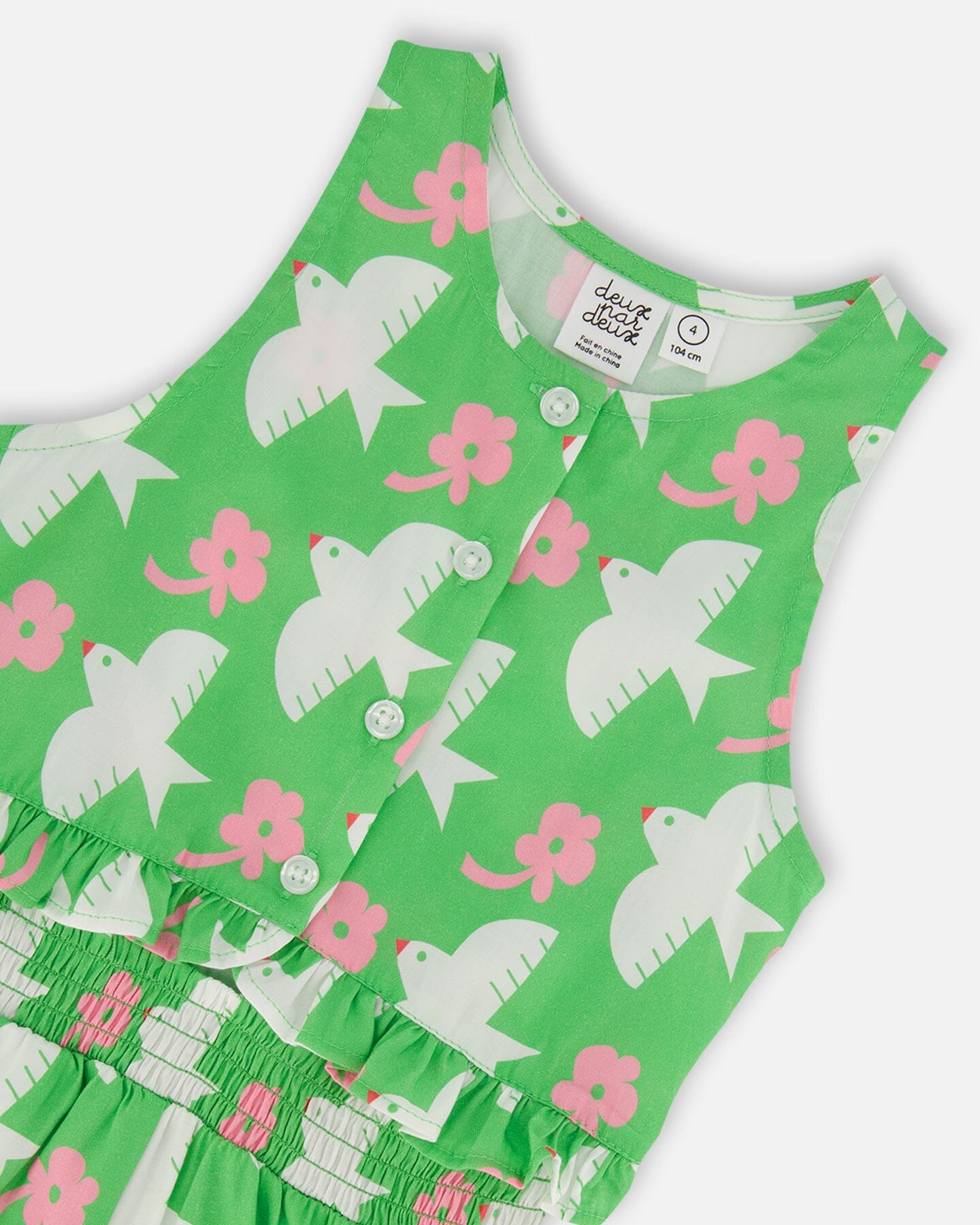 Bedruckter Romper mit Rüschen Grün mit weißen und pinken Vögeln