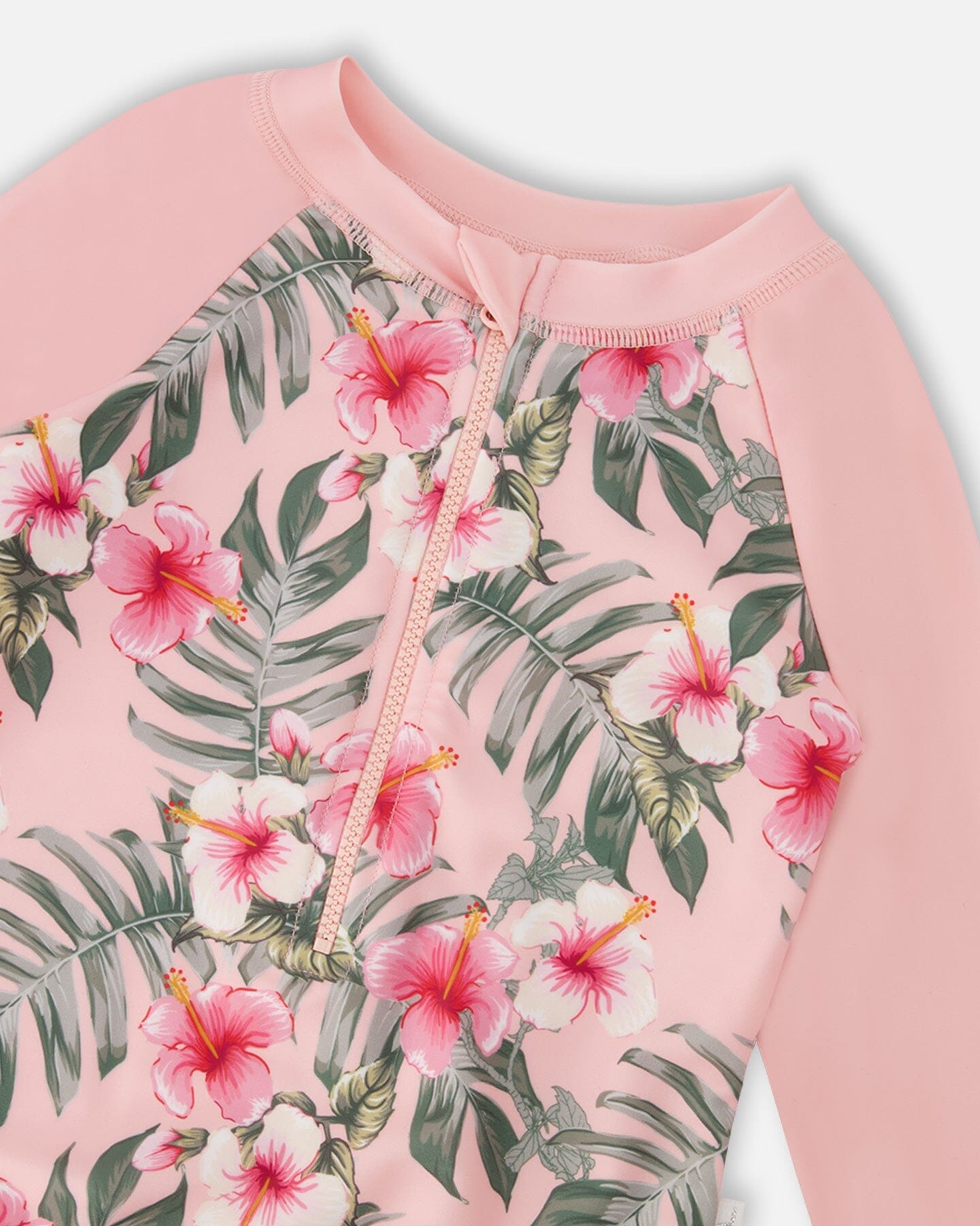 Einteiliger Langarm-Rashguard mit pinkem Hibiskus-Print