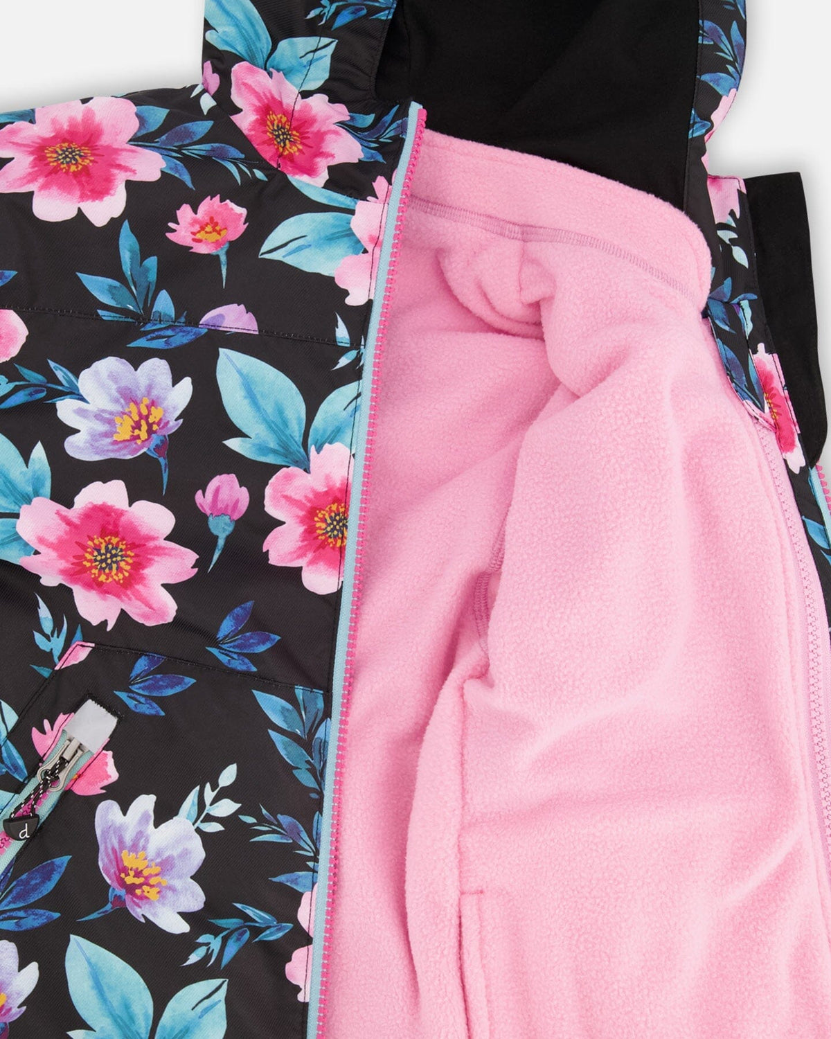 3-In-1 Two-Piece Mid-Season Outerwear Set Black Printed Flowers - Pink Inner Jacket