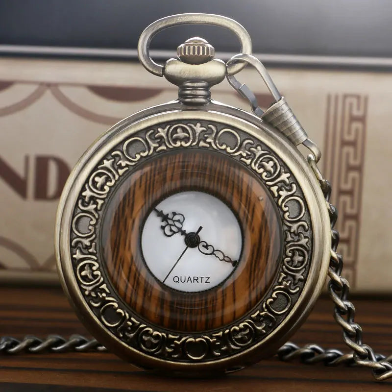 Vintage Wood Round Case Pocket Watch Luxury Quartz Analog Half Hunter for Men Women Fob Wooden Watch with Chain Top Gift Ulzzang