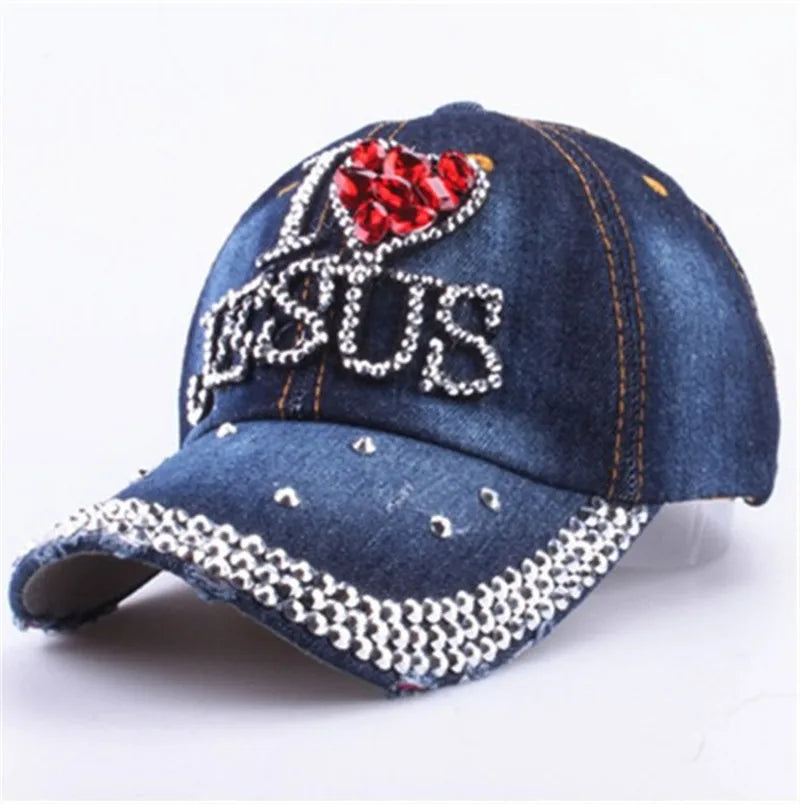 WJ7621 Damen Denimstoff Künstliche Steine Bling Bling Rot I Love Heart Jesus Baumwoll-Baseballkappen Anpassen