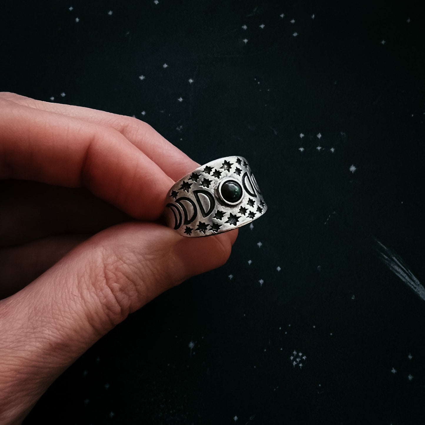 Eclipse Ring with Moon Phases and Black Opal