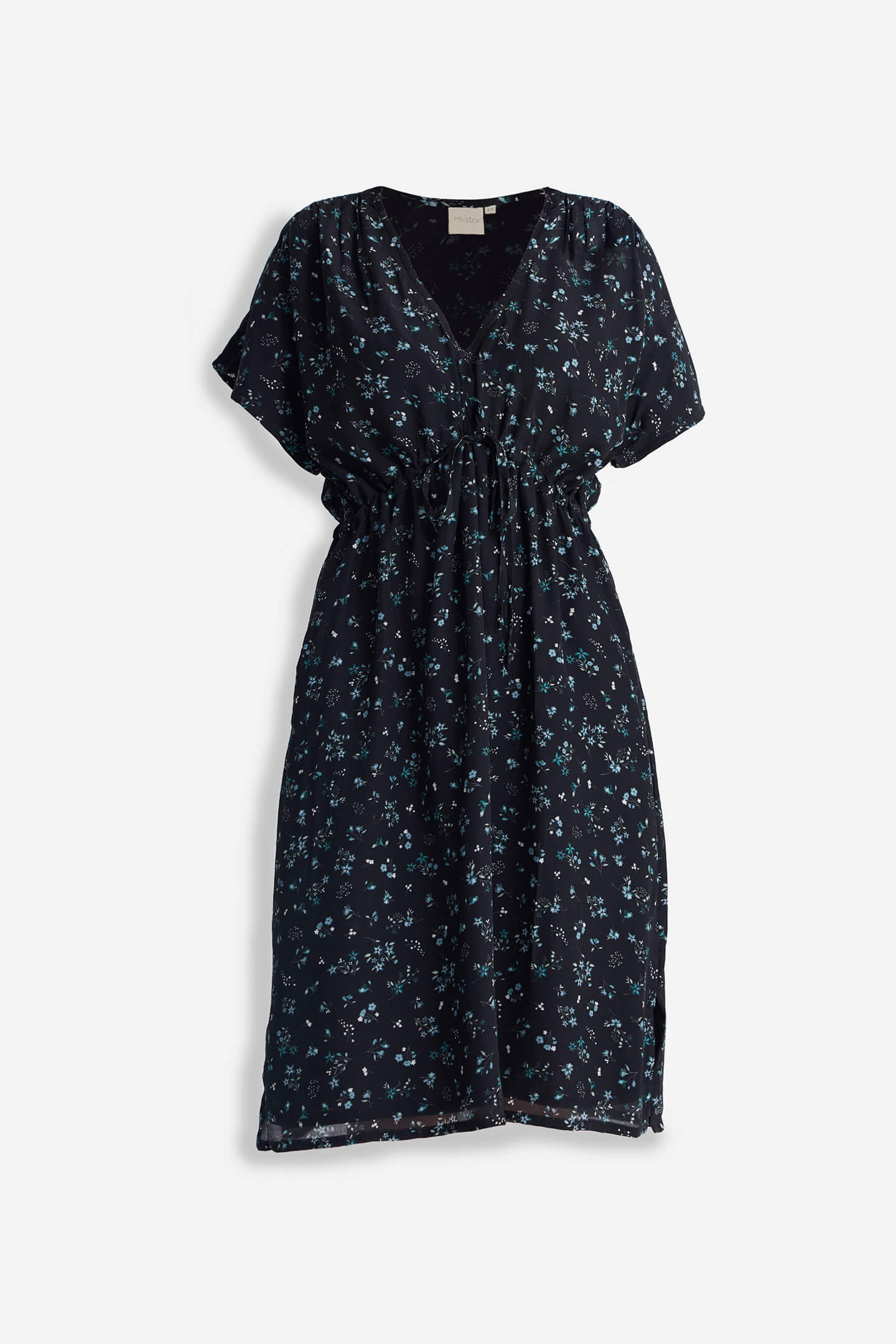 Knielanges Kleid mit geraffter Taille und dunkelblauem Blumenmuster