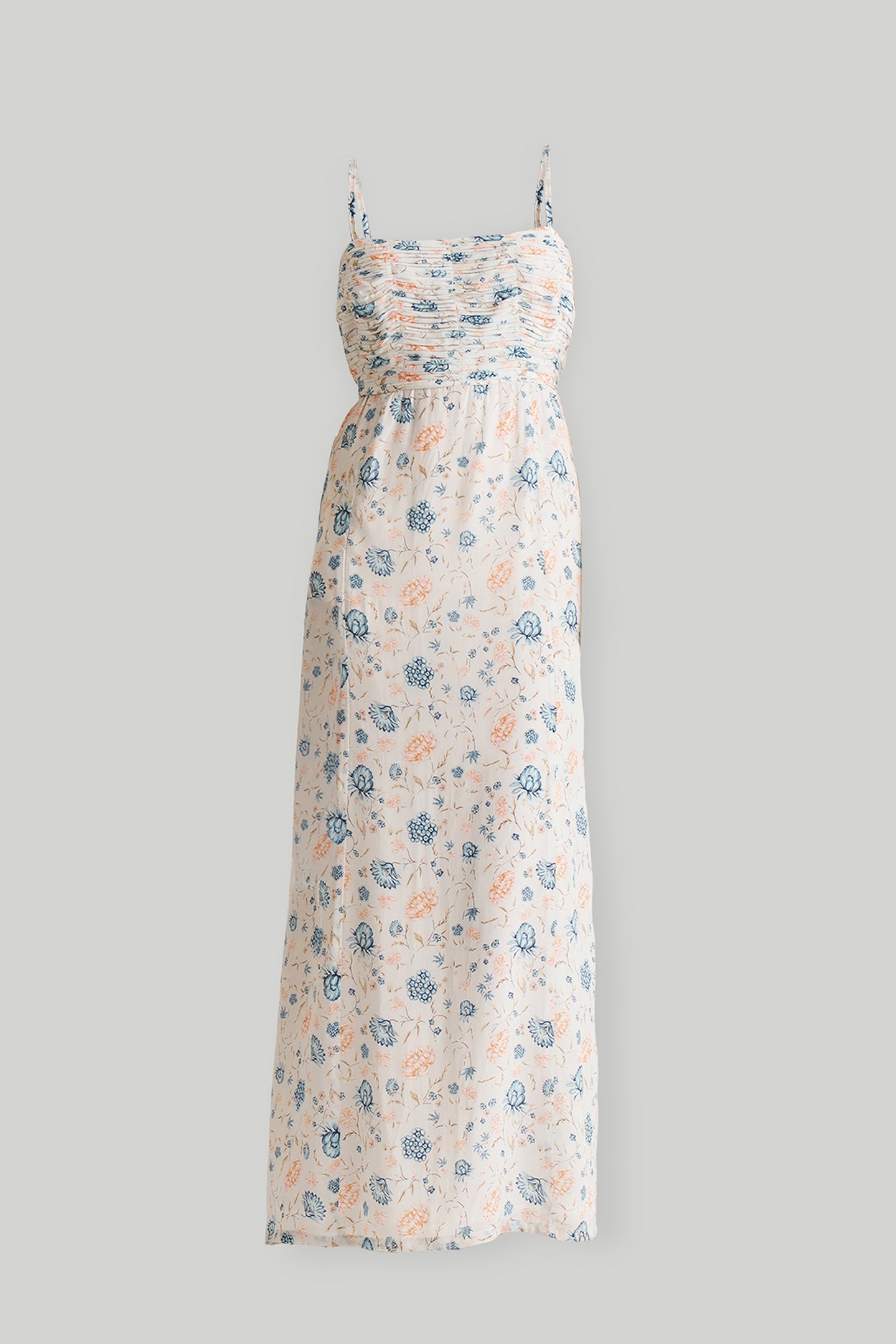 Gerüschtes geblümtes Maxikleid mit Spaghettiträgern