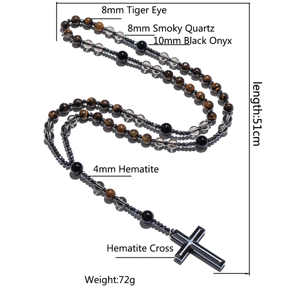 8mm Natural Stone Bead Hematite Cross Pendant For Men Women Catholic Christ Rosary Cross Pendant Necklace Dropshipping