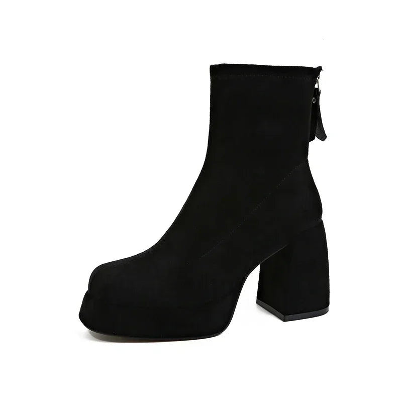 2024 Women's Fashion High-heeled Boots Winter New British Style Soft Sole Anti-slippery Catwalk Versatile Keep Warm Leather Shoe