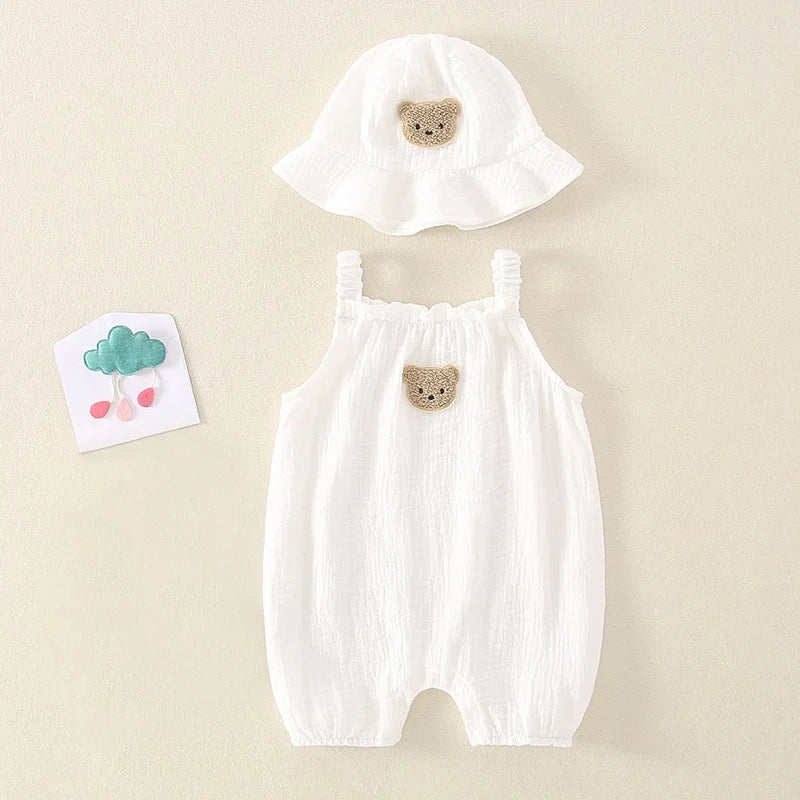 2PCS Summer Baby Clothes Set With Cap Toddler One Piece Cute Bear Sling Romper Fisherman Hat Infant Girl Boy Jumpsuit Outfit