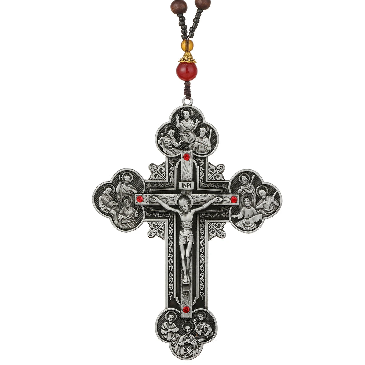 Diyalo Katholisches Metallkruzifix Jesus Christus Kreuz Anhänger Halskette Rosenkranz Holzkugeln Kette Halskette Damen Herren Schmuck Geschenk