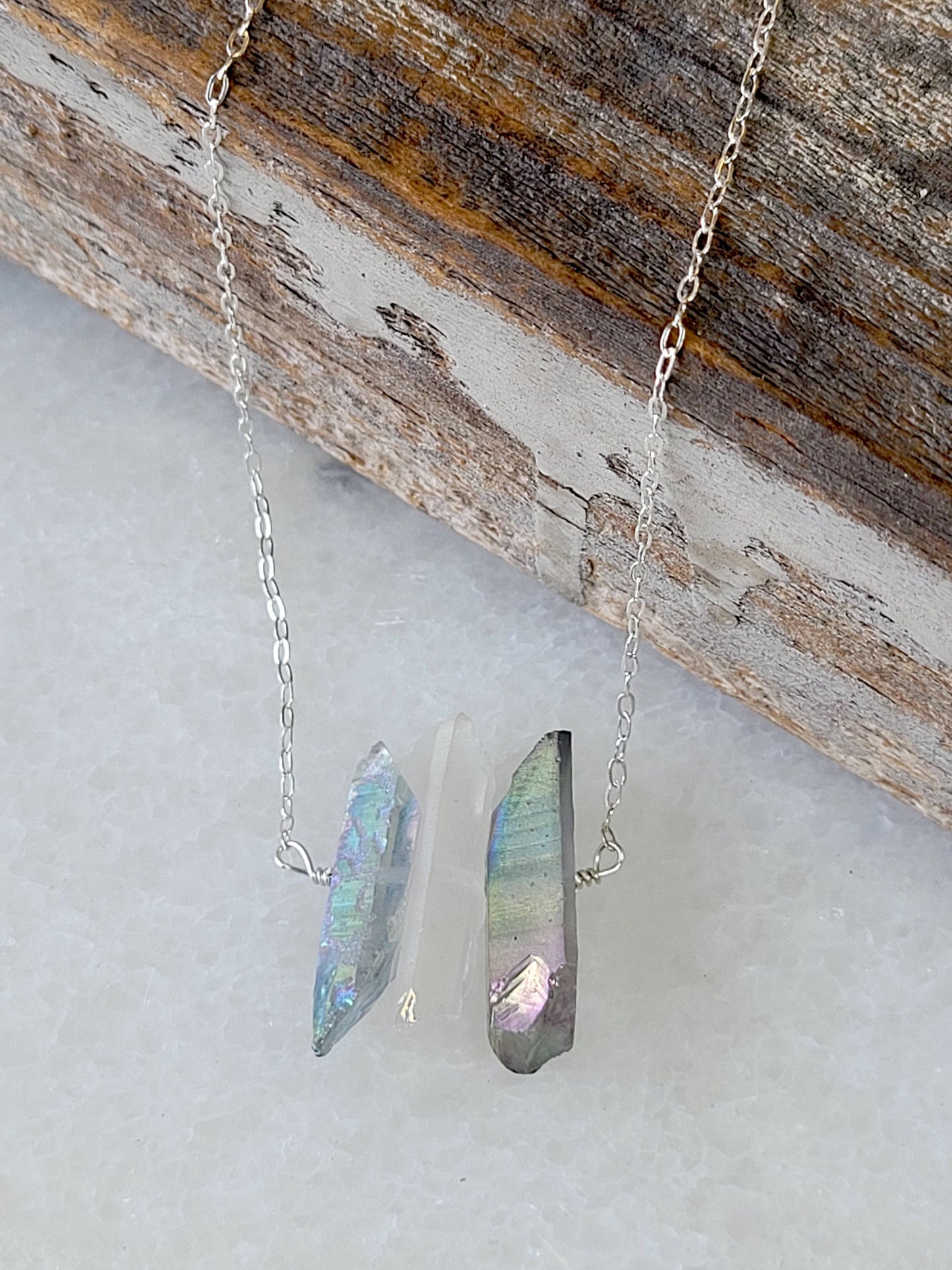 Three Raw Quartz Crystal Pendant Necklace with Mystic Gray and Rainbow Quartz in Silver