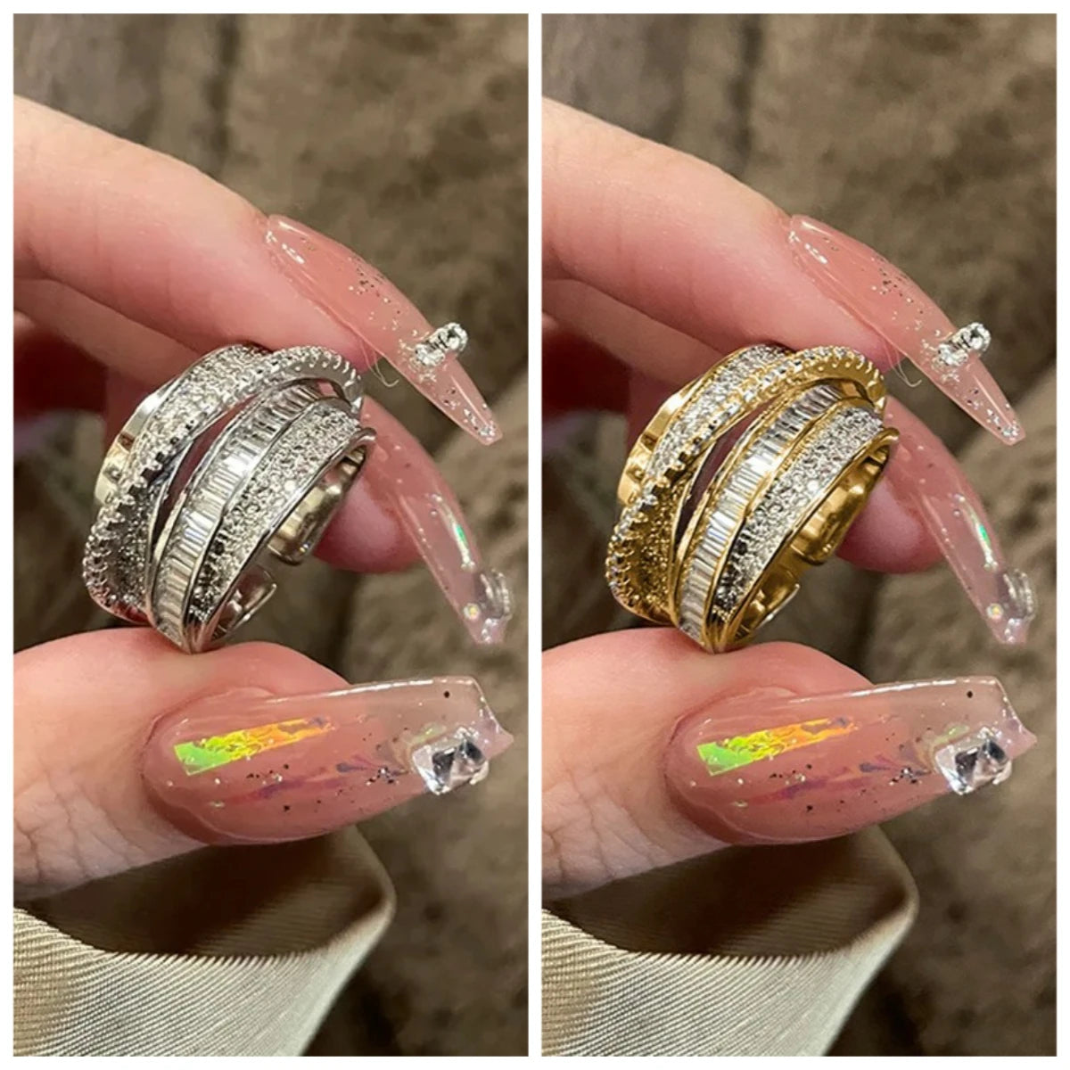 2024 Silberfarbener Strass-Ring Mehrlagige Wickelringe für Damen Hochzeit Vollzirkon-Fingerringe Mode Schmuck Geschenke