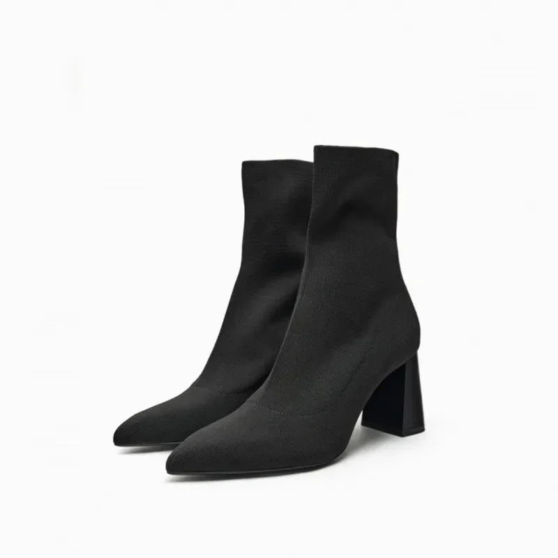 Herbst Winter Gestrickte Stretch-Stoff Sockenstiefel Damen Niedriger Absatz Kurze Stiefel Spitz Zehen Damen Stiefeletten Größe 42