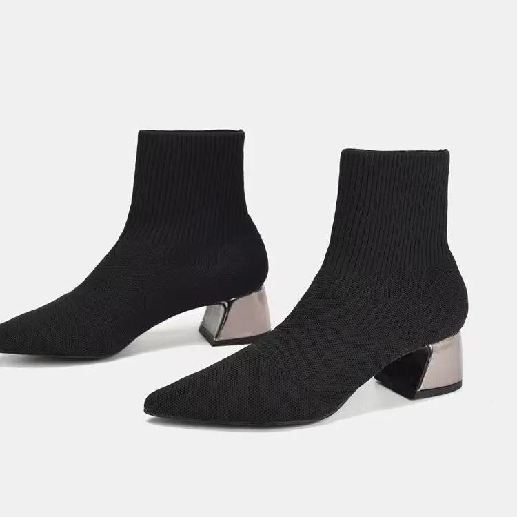 Autumn Winter Women's Knit Elastic Socks Boots Pointed Toe Chunky Heel Boots Black Fashion Ankle Chelsea Boots