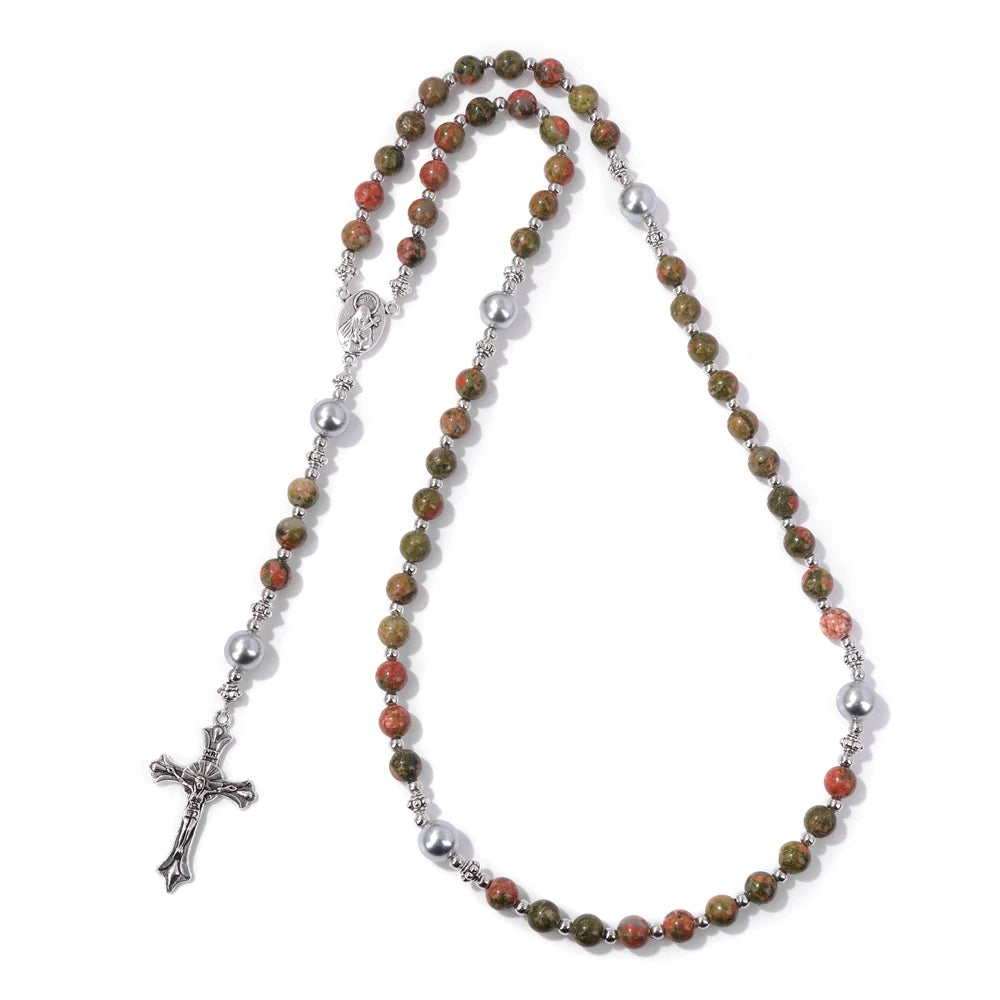 Natur-Labradorit Tigerauge Stein Armband Katholischer Christus Rosenkranz Kreuz Anhänger Armbänder Herren Meditation Gebet Schmuck Geschenk