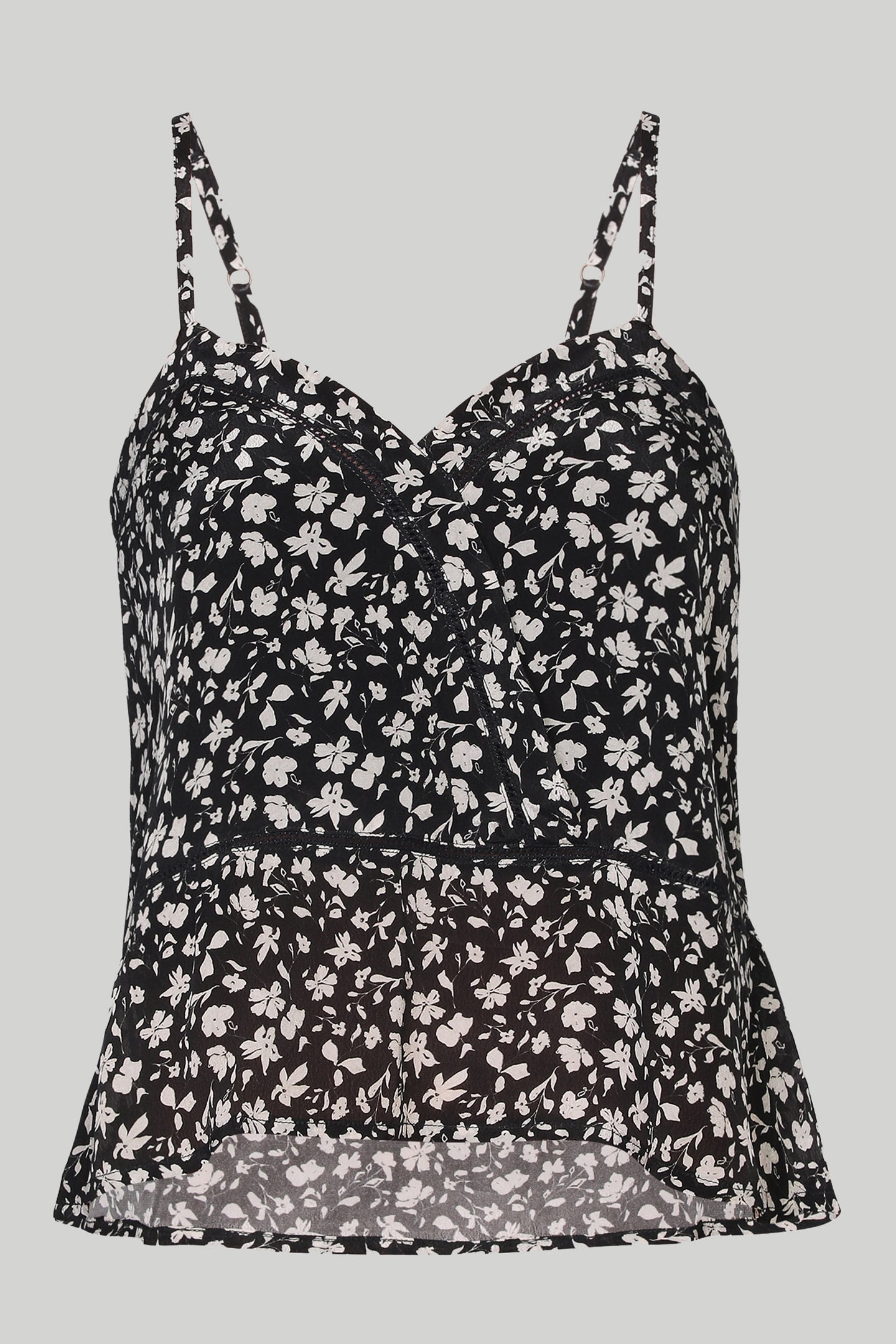 V-Ausschnitt-Spitzencami in Schwarz mit Blumenmuster