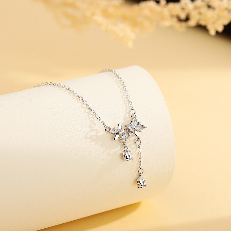 S999 Pure Silver Delicate Flower Lily Of The Valley Tassel Necklace