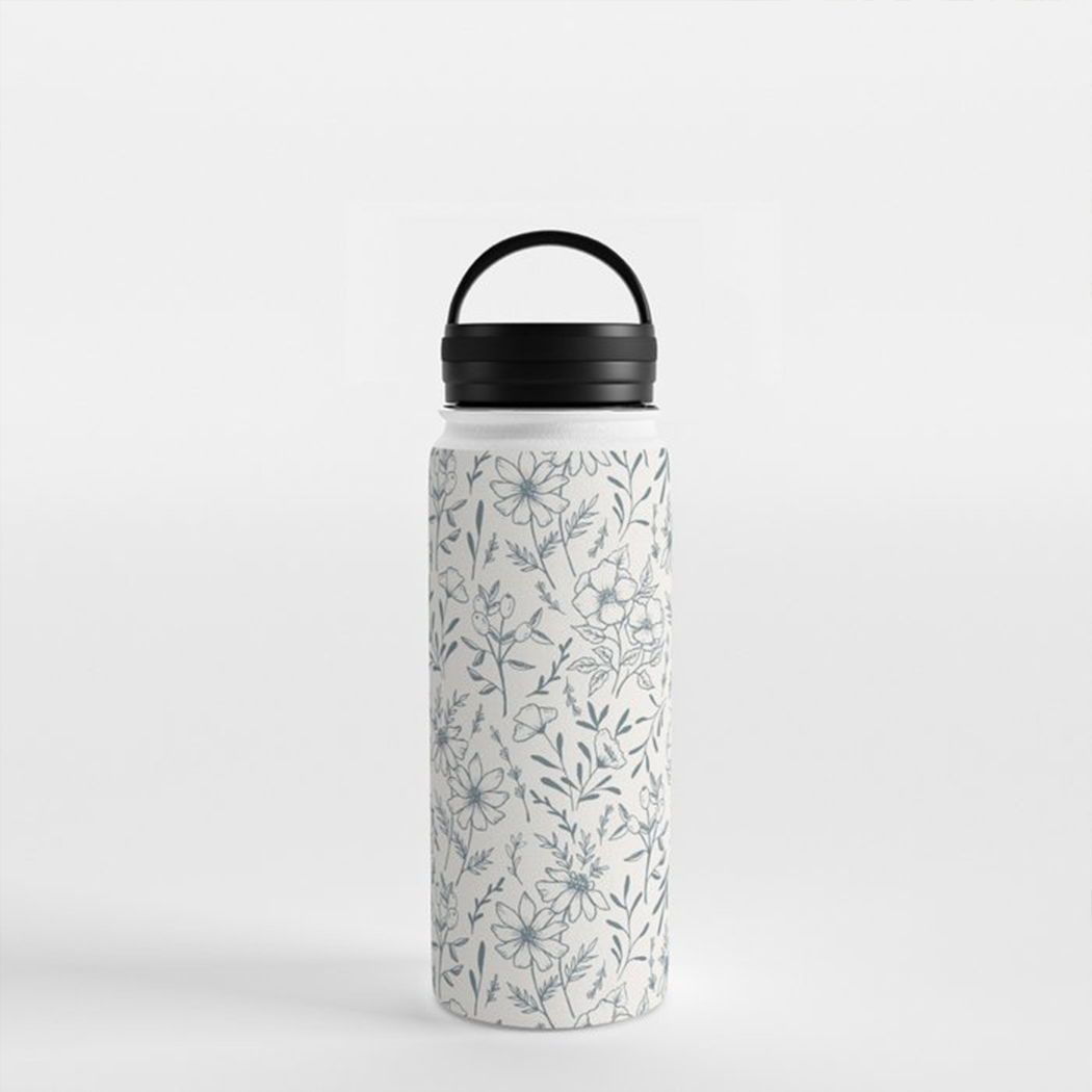 Blau Grau Geblümte Wasserflasche mit Griff und Deckel
