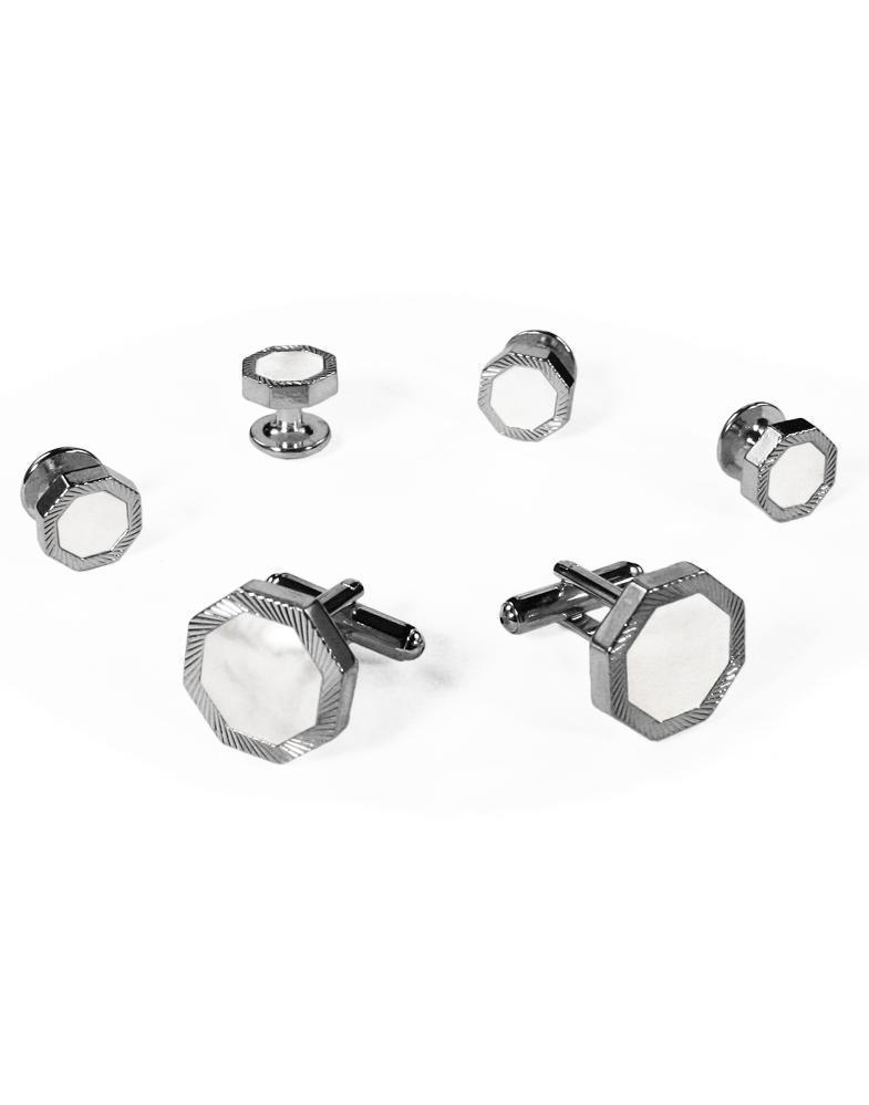 White Octagon Mother of Pearl with Gold or Silver Edge Studs and Cufflinks Set