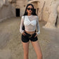 Mesh Long-sleeve Cropped Top With Patchwork Design