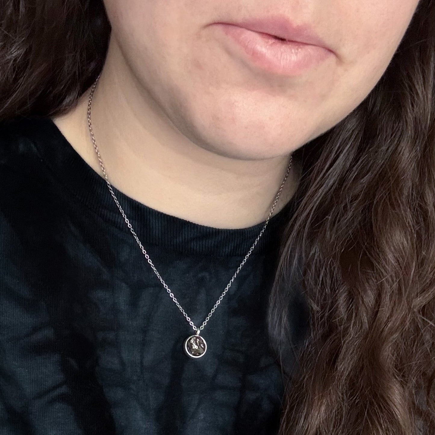 Small Round Meteorite Pendant Necklace in Matte Brushed Silver