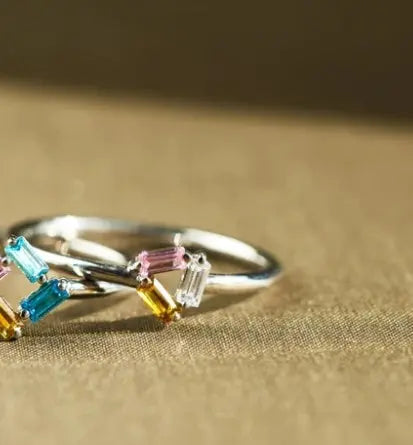 925 Rectangular Birthstone Ring Female Simple Fashion 3-6 Diamond Color Optional Customization
