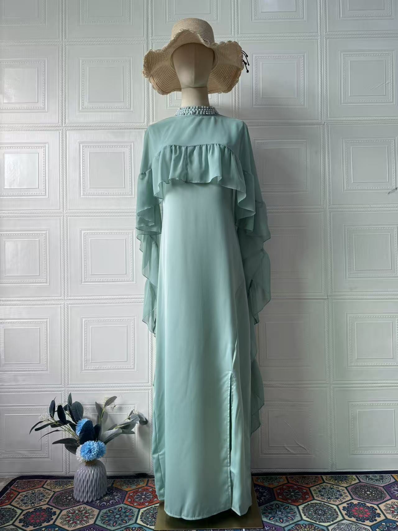 Two-piece Sleeveless Ruffled Beaded Dress Set