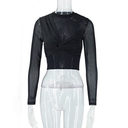 Mesh Long-sleeve Cropped Top With Patchwork Design