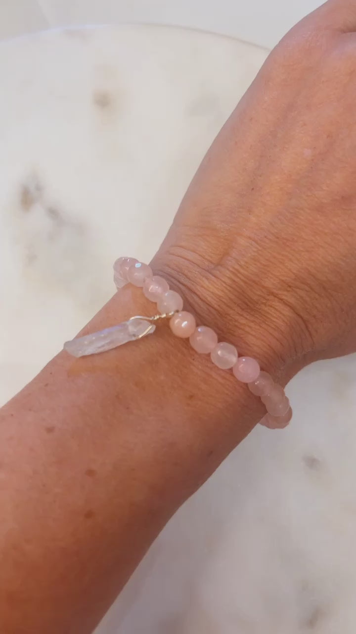 Faceted Rose Quartz Bracelet with White Titanium Quartz in Gold