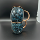 Set of Two Copper Barrel Mugs, Hammered and Stained Blue Patina