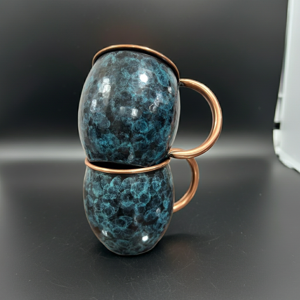 Set of Two Copper Barrel Mugs, Hammered and Stained Blue Patina