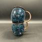 Set of Two Copper Barrel Mugs, Hammered and Stained Blue Patina