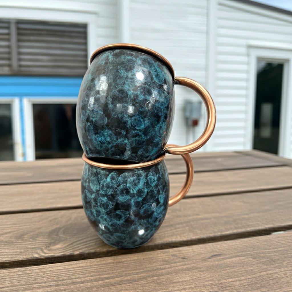 Set of Two Copper Barrel Mugs, Hammered and Stained Blue Patina