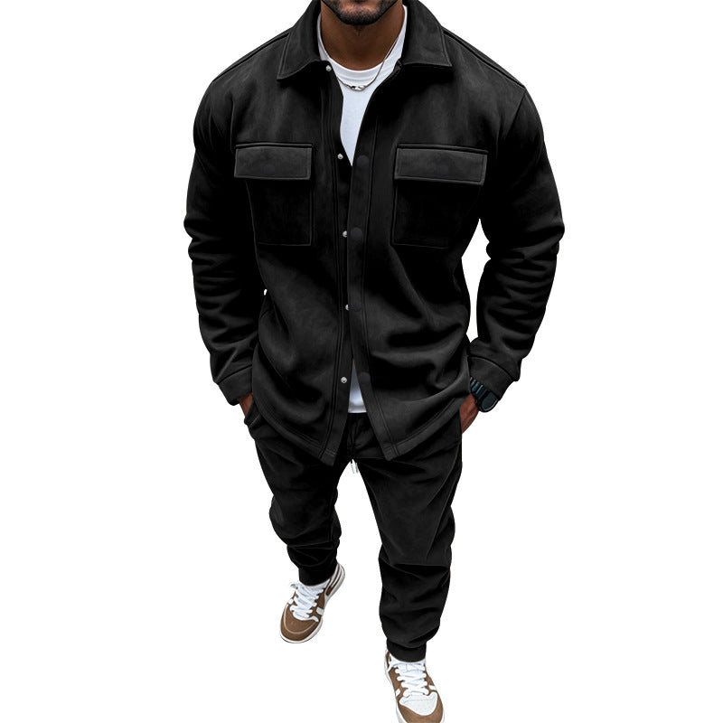 Men's Suede Solid Color Single-breasted Tooling Cardigan Two-piece Set