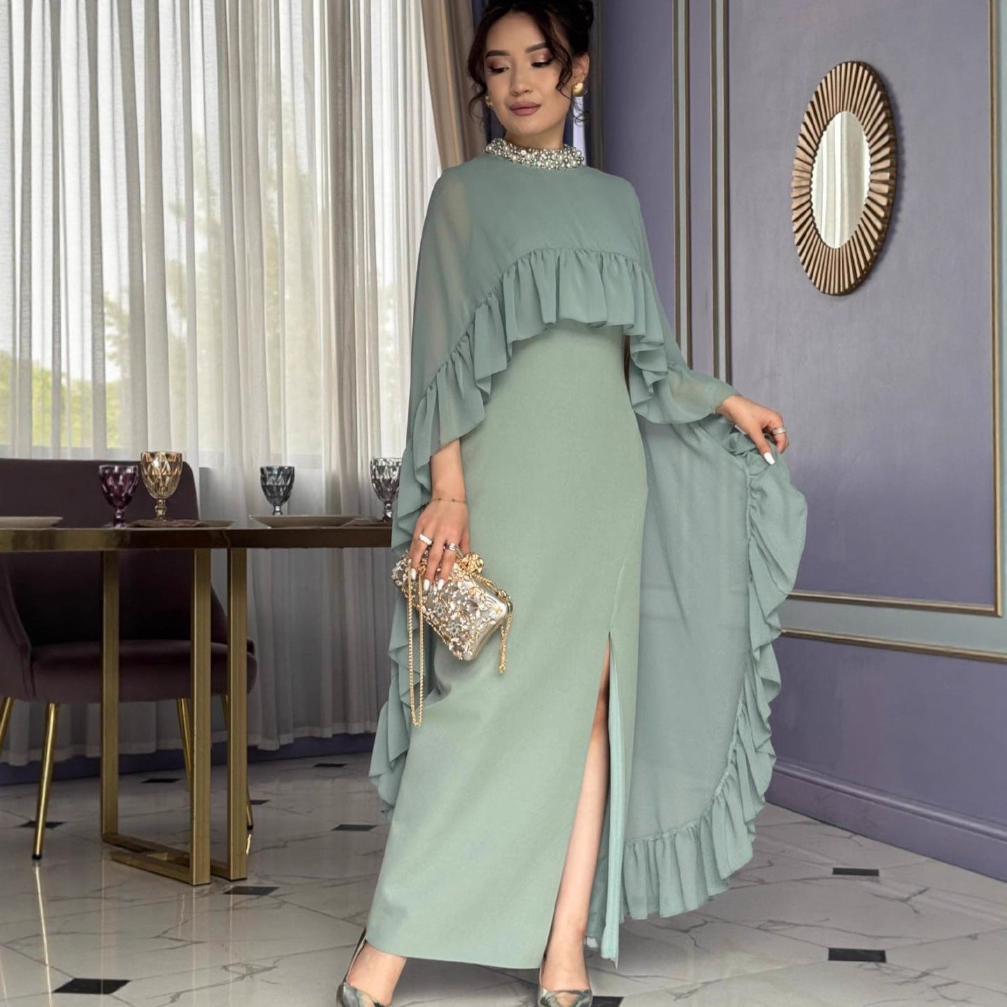 Two-piece Sleeveless Ruffled Beaded Dress Set