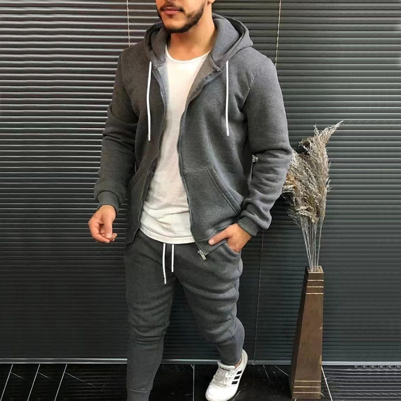 Mens Fashion Solid-Color Causel Hooded