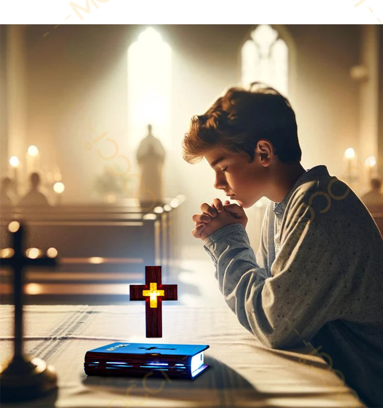 Christliches Jesus Bibelbuch Basis Perfekt Infus Spirituelle Eleganz Schlafzimmer Atmosphäre Magnetisch Schweben Schwebendes Buntes Kreuz