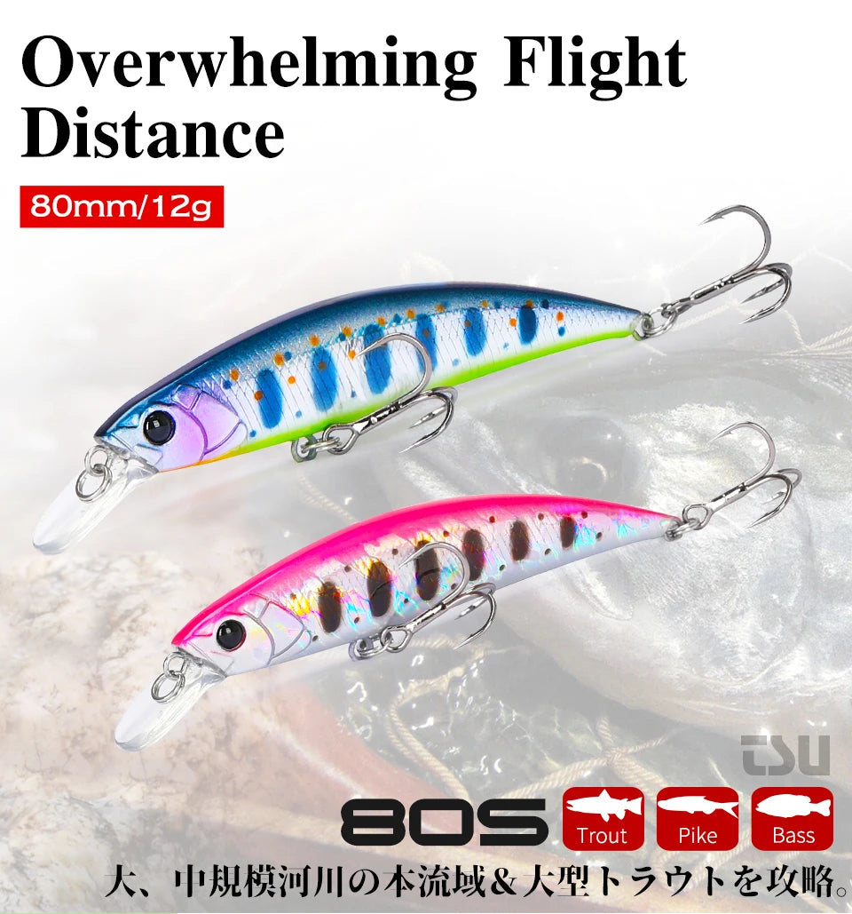 TSURINOYA 80S 12g Sinking Minnow Fishing Lure DW96 8cm Large Trout Pike Rockfish Hard Bait Jerkbait Freshwater Saltwater Wobbler