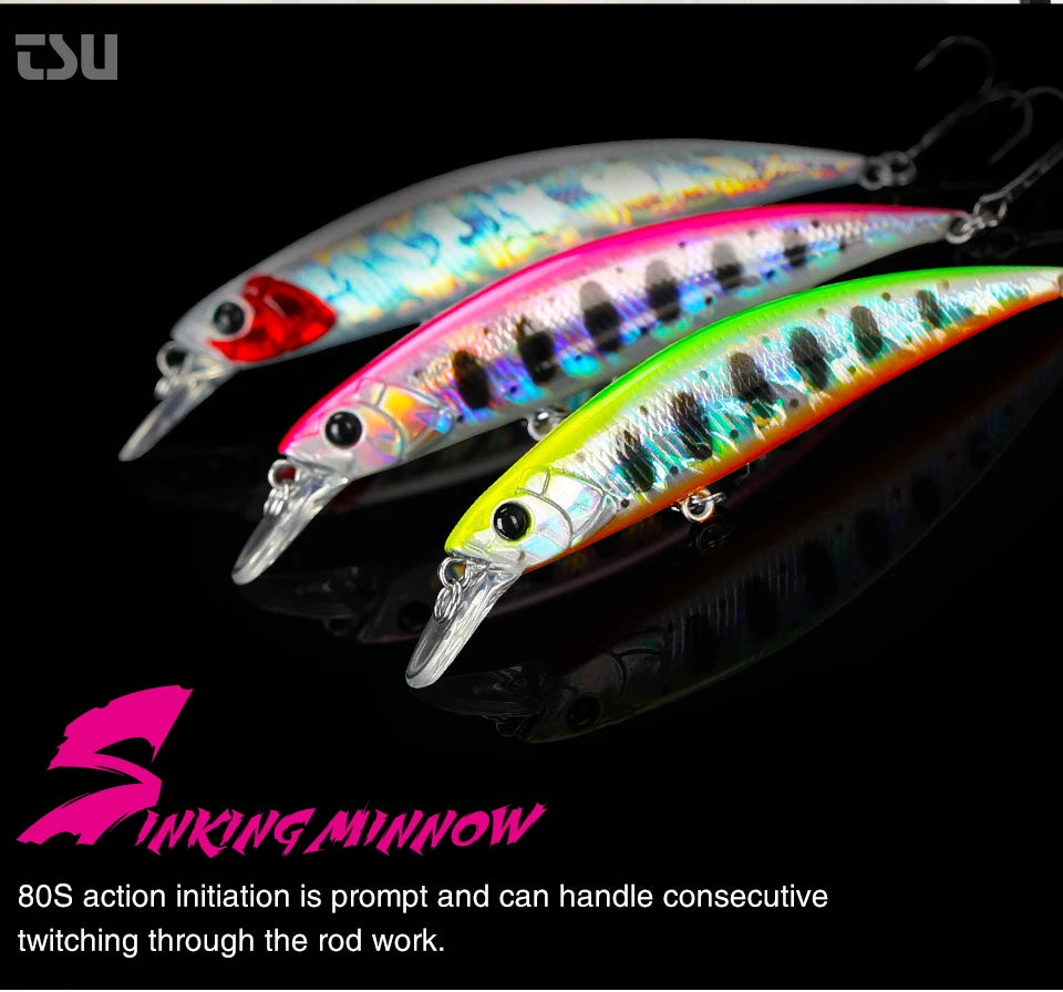 TSURINOYA 80S 12g Sinking Minnow Fishing Lure DW96 8cm Large Trout Pike Rockfish Hard Bait Jerkbait Freshwater Saltwater Wobbler