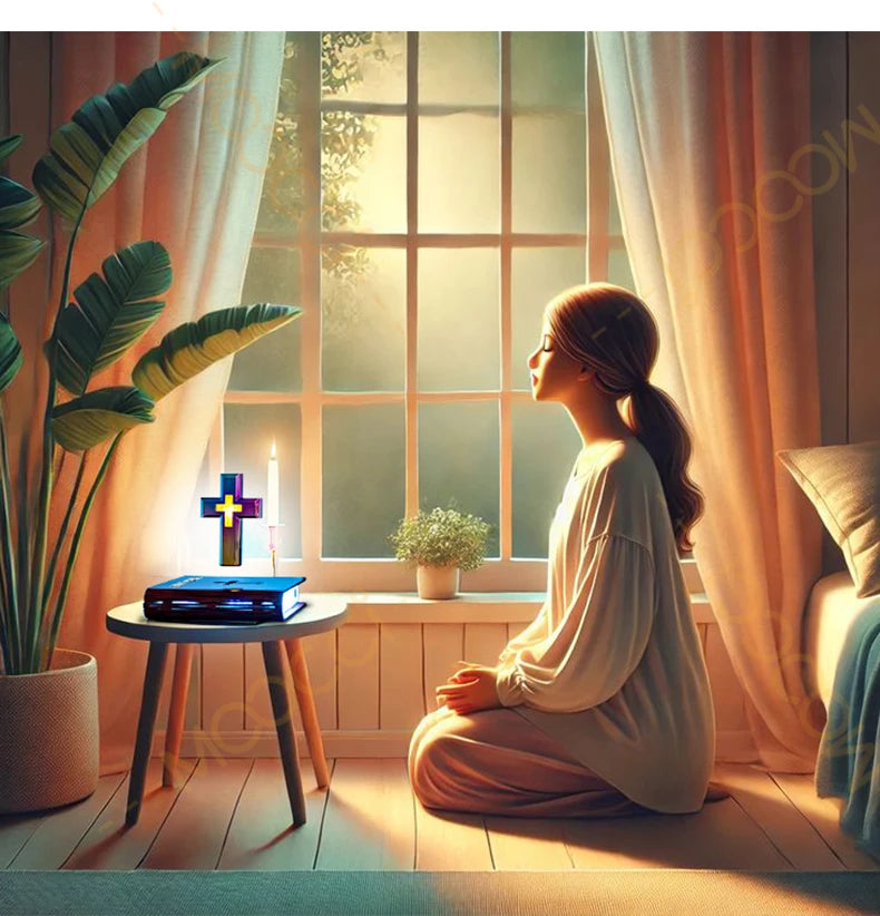 Christliches Jesus Bibelbuch Basis Perfekt Infus Spirituelle Eleganz Schlafzimmer Atmosphäre Magnetisch Schweben Schwebendes Buntes Kreuz