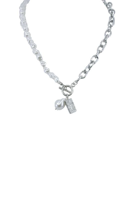 Silver Pearl and Chain Lariat Necklace with Coin Accent
