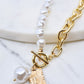 Gold Pearl and Chain Lariat Necklace with Coin Accent