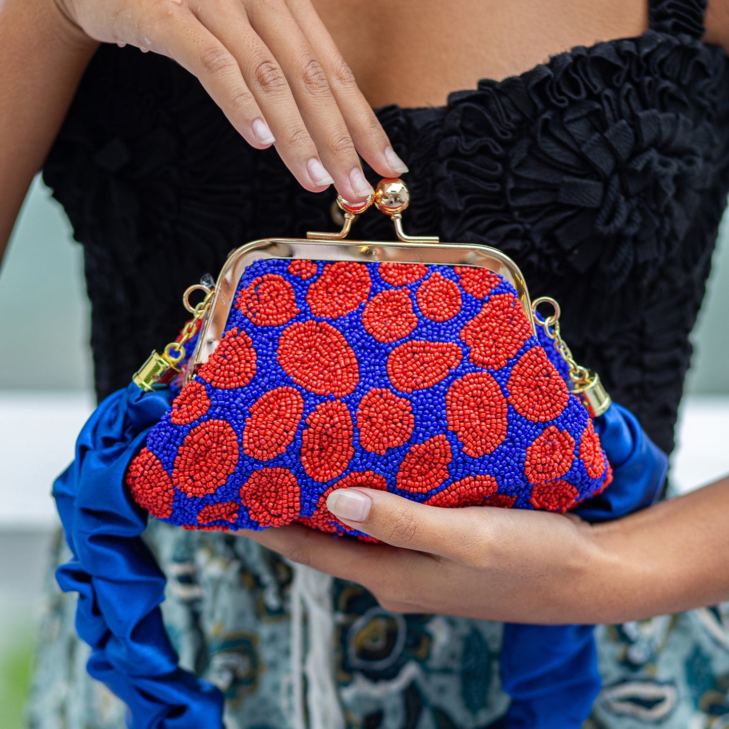 The Arnoldi Mandy Hand-beaded Clutch, in Savoy Blue & Red