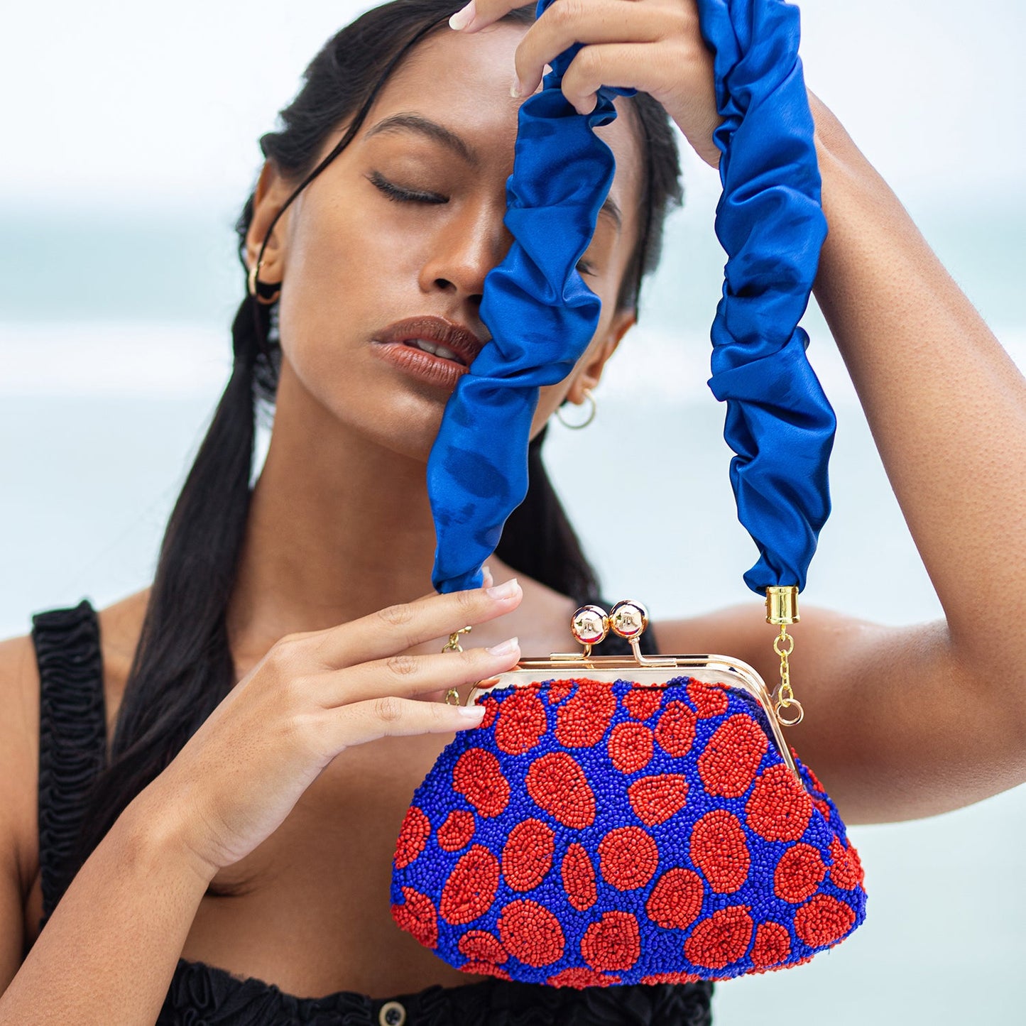 The Arnoldi Mandy Hand-beaded Clutch, in Savoy Blue & Red
