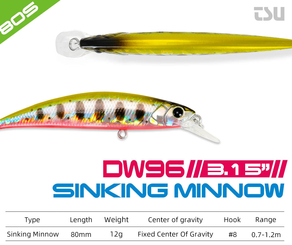 TSURINOYA 80S 12g Sinking Minnow Fishing Lure DW96 8cm Large Trout Pike Rockfish Hard Bait Jerkbait Freshwater Saltwater Wobbler