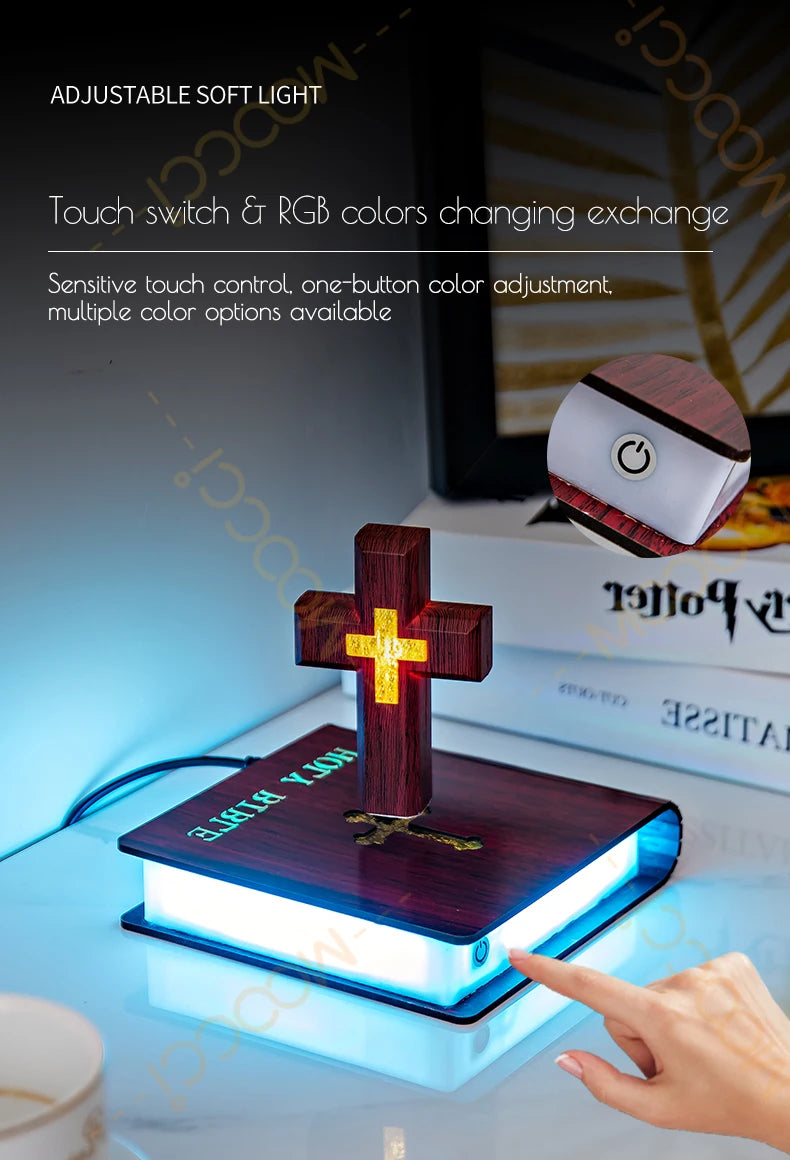 Christliches Jesus Bibelbuch Basis Perfekt Infus Spirituelle Eleganz Schlafzimmer Atmosphäre Magnetisch Schweben Schwebendes Buntes Kreuz