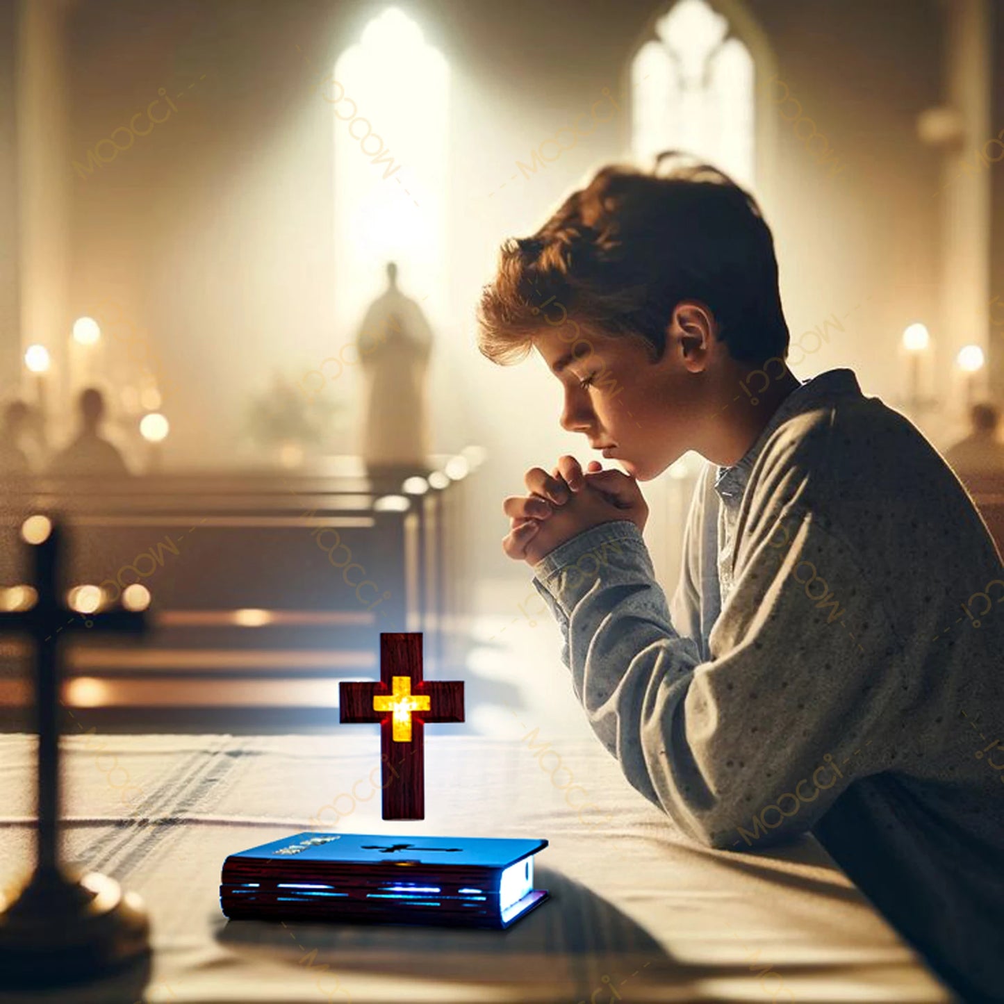 Christliches Jesus Bibelbuch Basis Perfekt Infus Spirituelle Eleganz Schlafzimmer Atmosphäre Magnetisch Schweben Schwebendes Buntes Kreuz