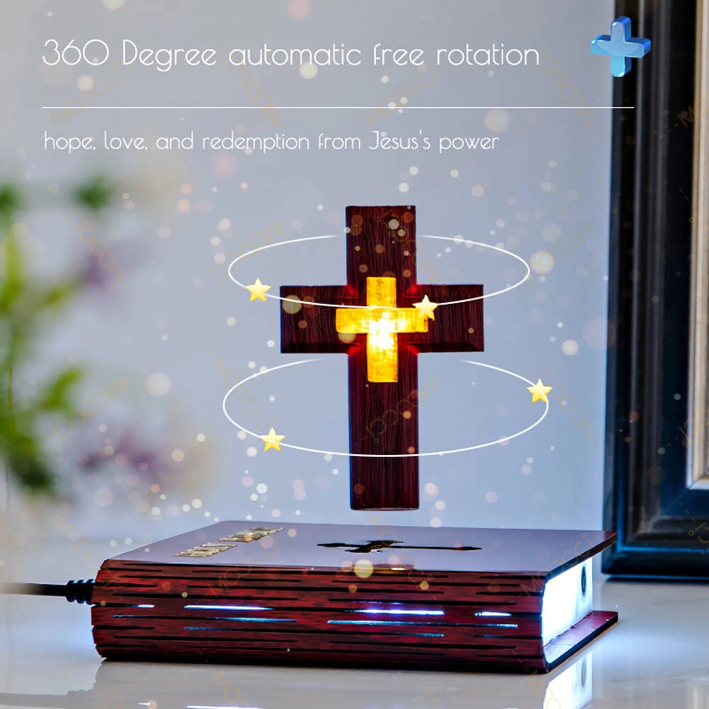 Christliches Jesus Bibelbuch Basis Perfekt Infus Spirituelle Eleganz Schlafzimmer Atmosphäre Magnetisch Schweben Schwebendes Buntes Kreuz