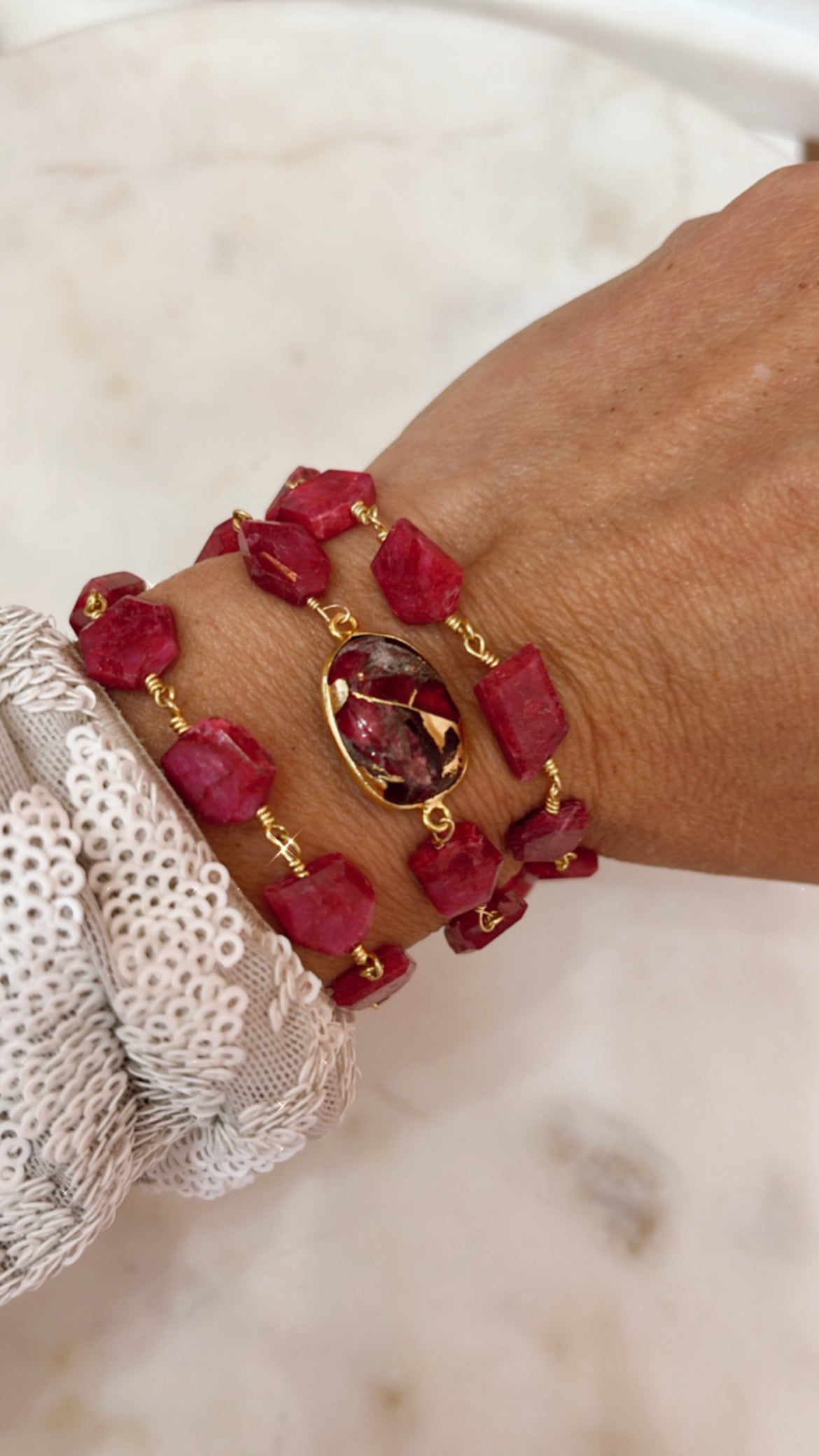 Hana Wrap Bracelet/Necklace in Red Mojave Copper Turquoise - Chunky Stone
