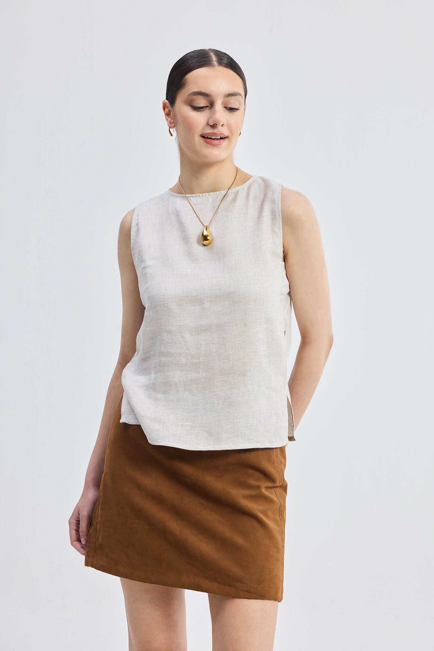 Boat Neck Top in Checkered Linen